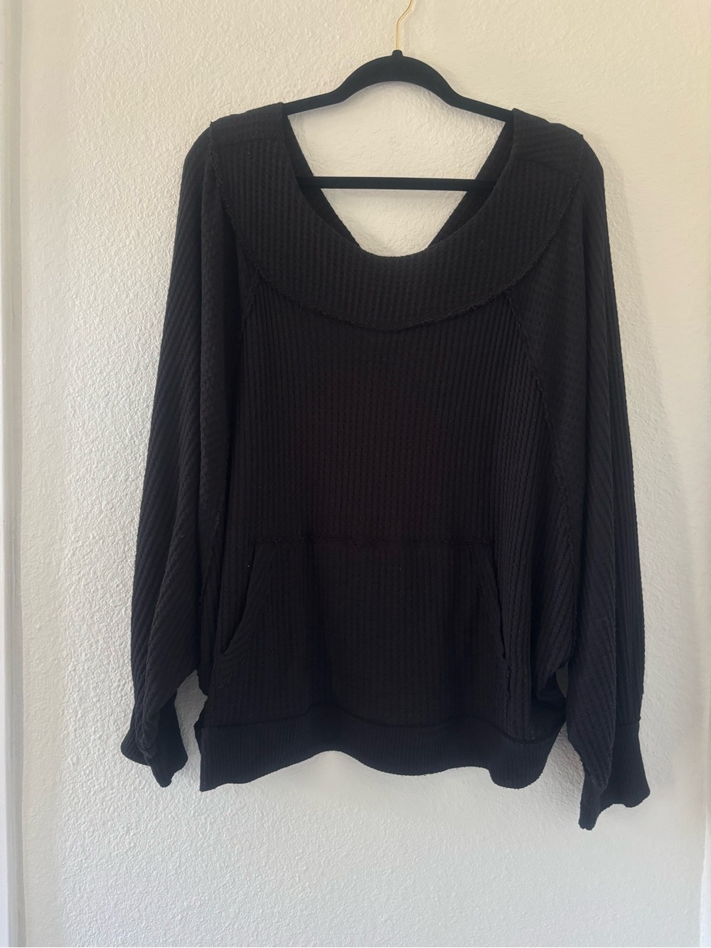 We the Free Free People Black Scoop Neck Waffle Knit dolman sleeve Sweater